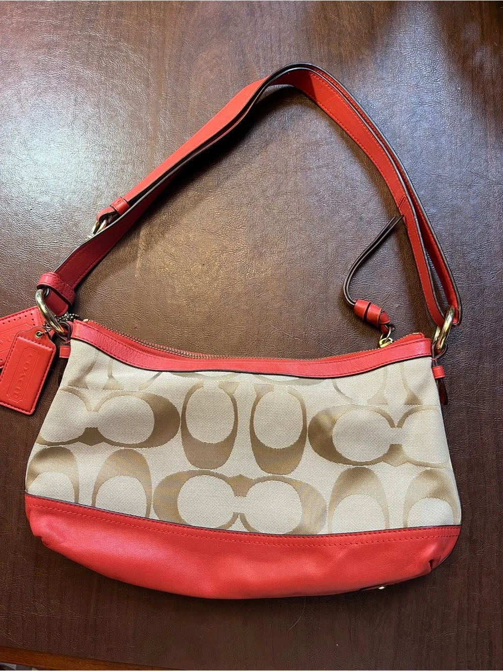 Coach Khaki Signature Canvas Shoulder Bag with Orange Trim
